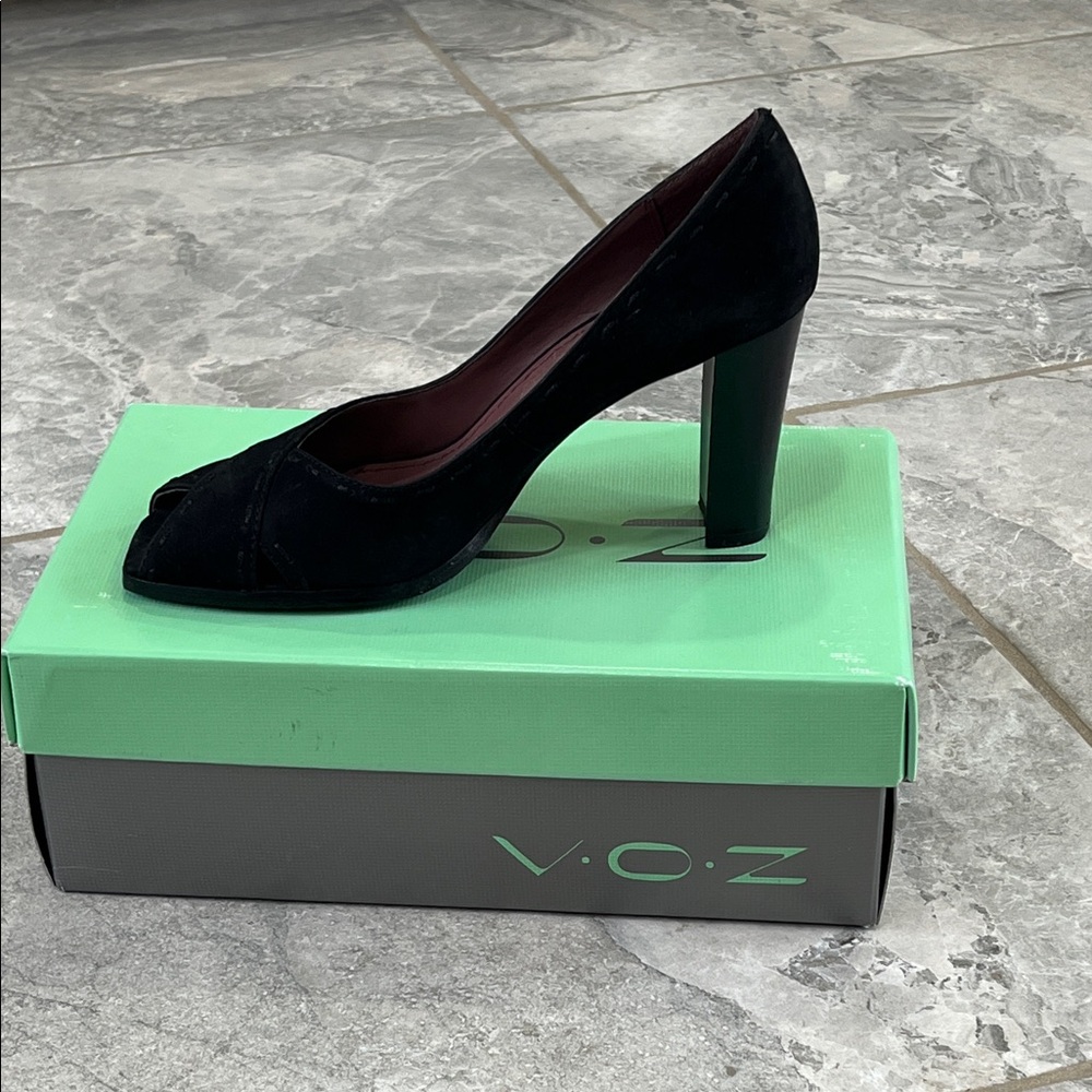 Elegant Suede Black Peep Toe Heels by V.O.Z